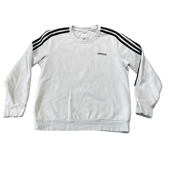 Adidas Fleece Sweatshirt Mens L Long Sleeve Crew Neck Side Tape Logo White Black - Picture 1 of 8